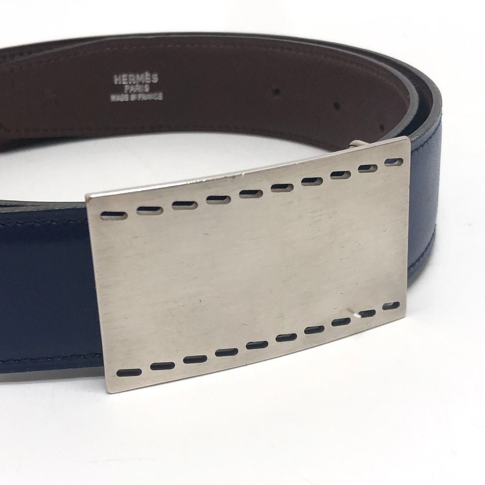 Hermes Belt Stitch Square Buckle Box Calf Blue Brown — view 5