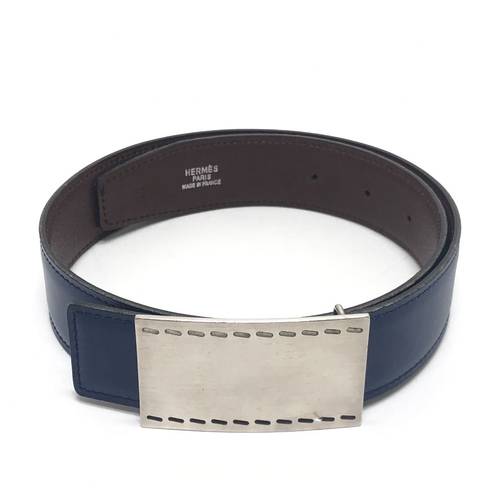 Hermes Belt Stitch Square Buckle Box Calf Blue Brown