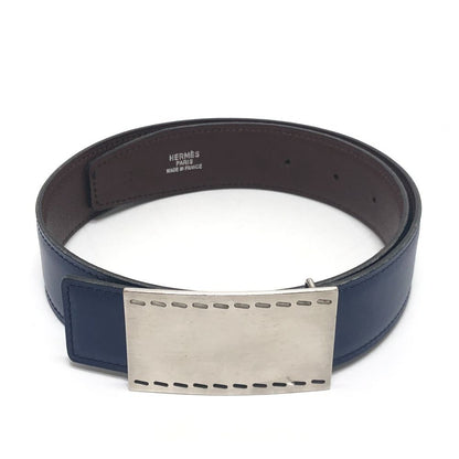 Hermes Belt Stitch Square Buckle Box Calf Blue Brown