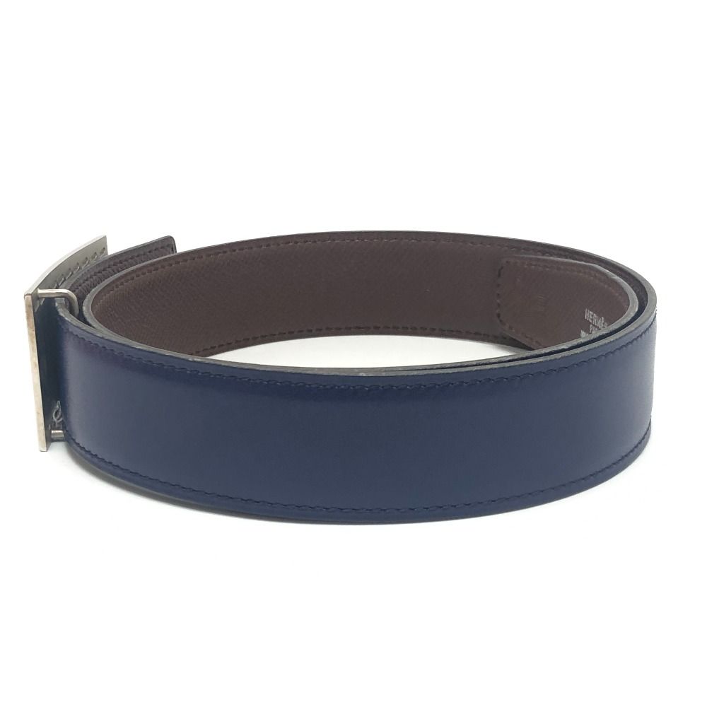 Hermes Belt Stitch Square Buckle Box Calf Blue Brown — view 2