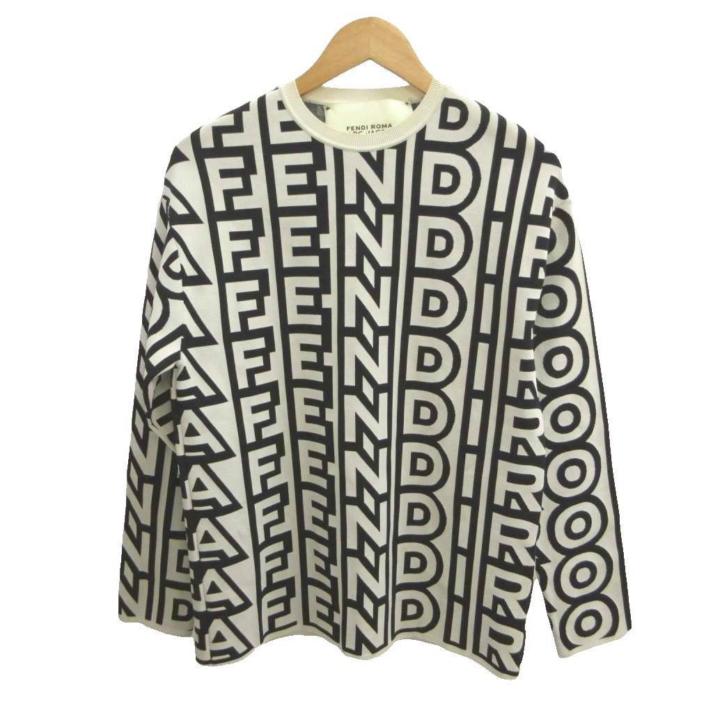 Fendi All Over Print Knit Top Logo White Black Stretch Amds YU Sweater 38