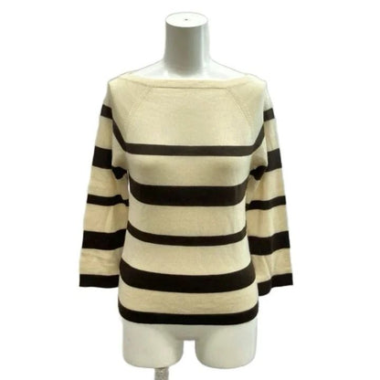 Prada Knit Sweater Border Pattern Boat Neck Three Quarter Sleeve Silk Ivory 38