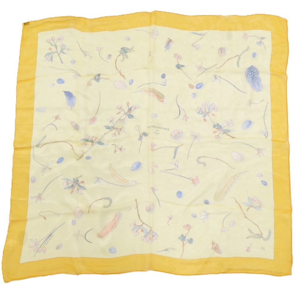Hermes Carre 90 Scarf Fleurs Et Plumes Silk 100% Orange Multicolor