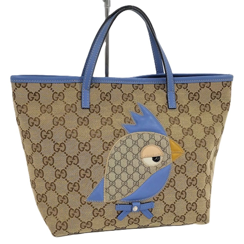 Gucci Tote Bag Papagallo Parrot GG Canvas Leather Brown Blue