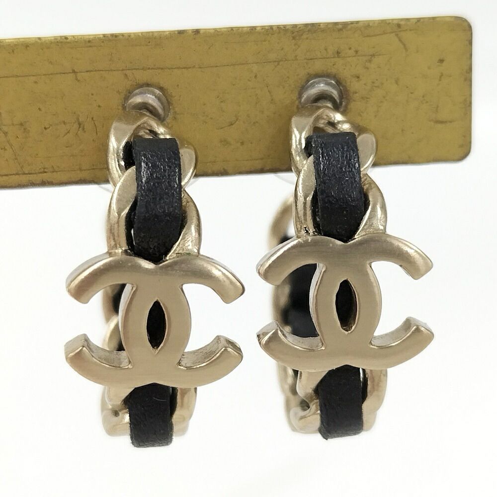 Chanel Hoop Earrings CC Logo Chain Motif Plated Gold Black