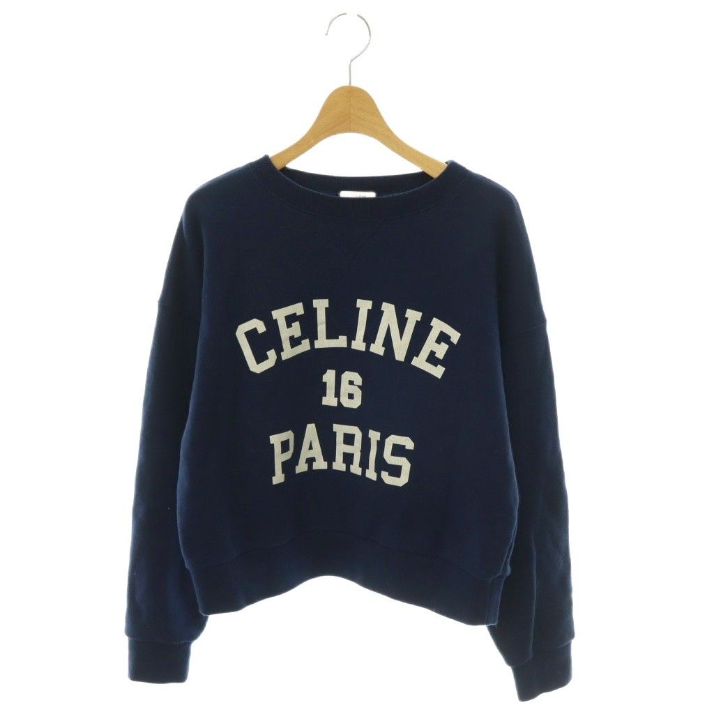 Celine Logo Print Cropped Sweatshirt Pullover Long Sleeve Navy S