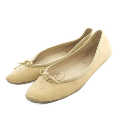 Chanel CC Logo Ballet Shoes Ribbon Leather Beige