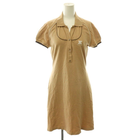 Celine Macadam Logo Embroidery Polo Dress Knee-Length Short Sleeve Beige M