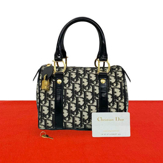 Dior Trotter Pattern Canvas Leather Mini Boston Bag Black