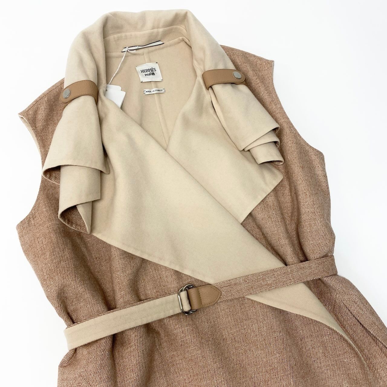 Hermes Double Face Wrap Coat Sleeveless Long Pink Beige Cashmere 38 — view 4