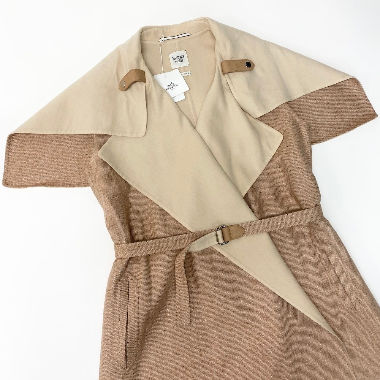 Hermes Double Face Wrap Coat Sleeveless Long Pink Beige Cashmere 38 — view 7