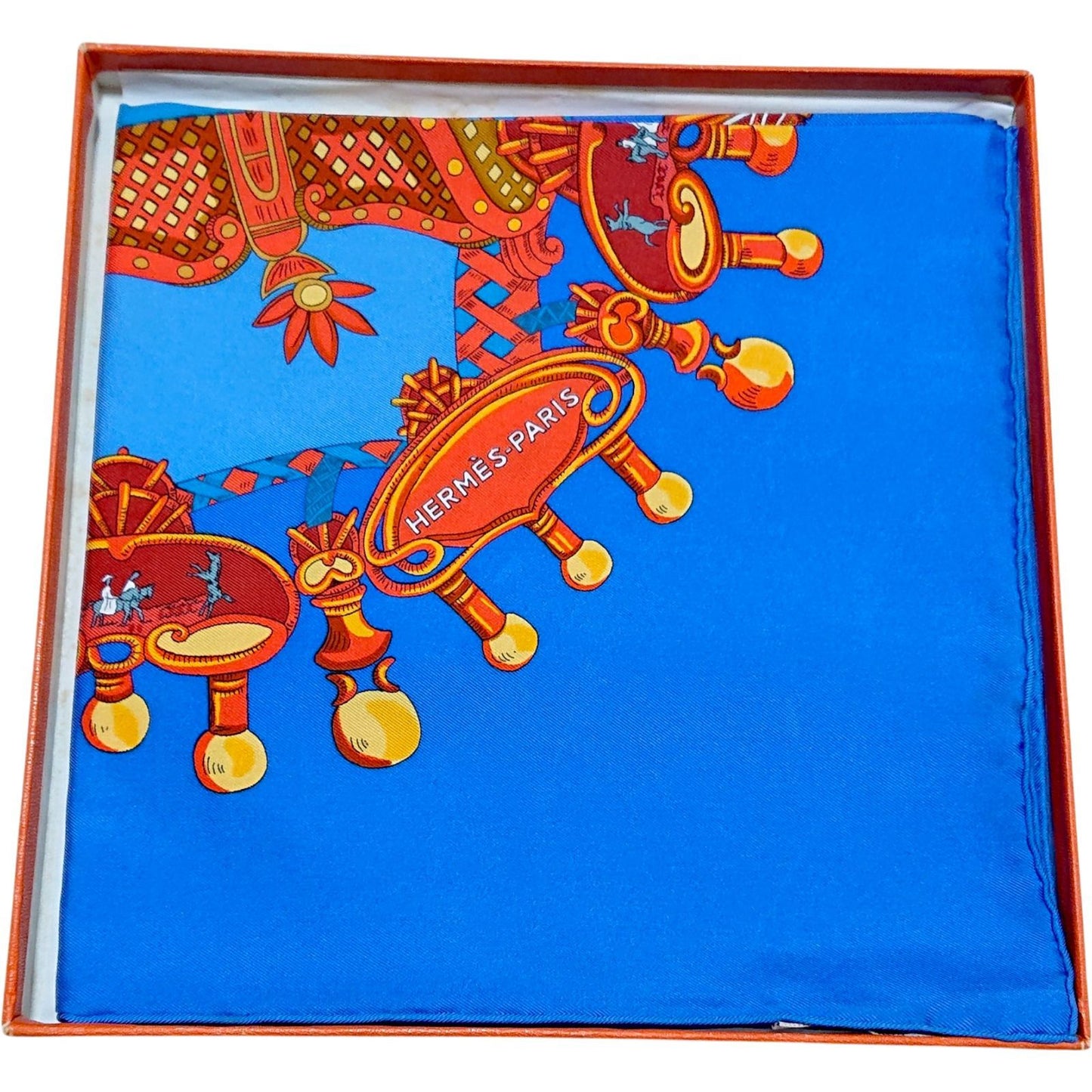 Hermes Carre 90 Tournez Manege Annie Fevre Silk Scarf Blue