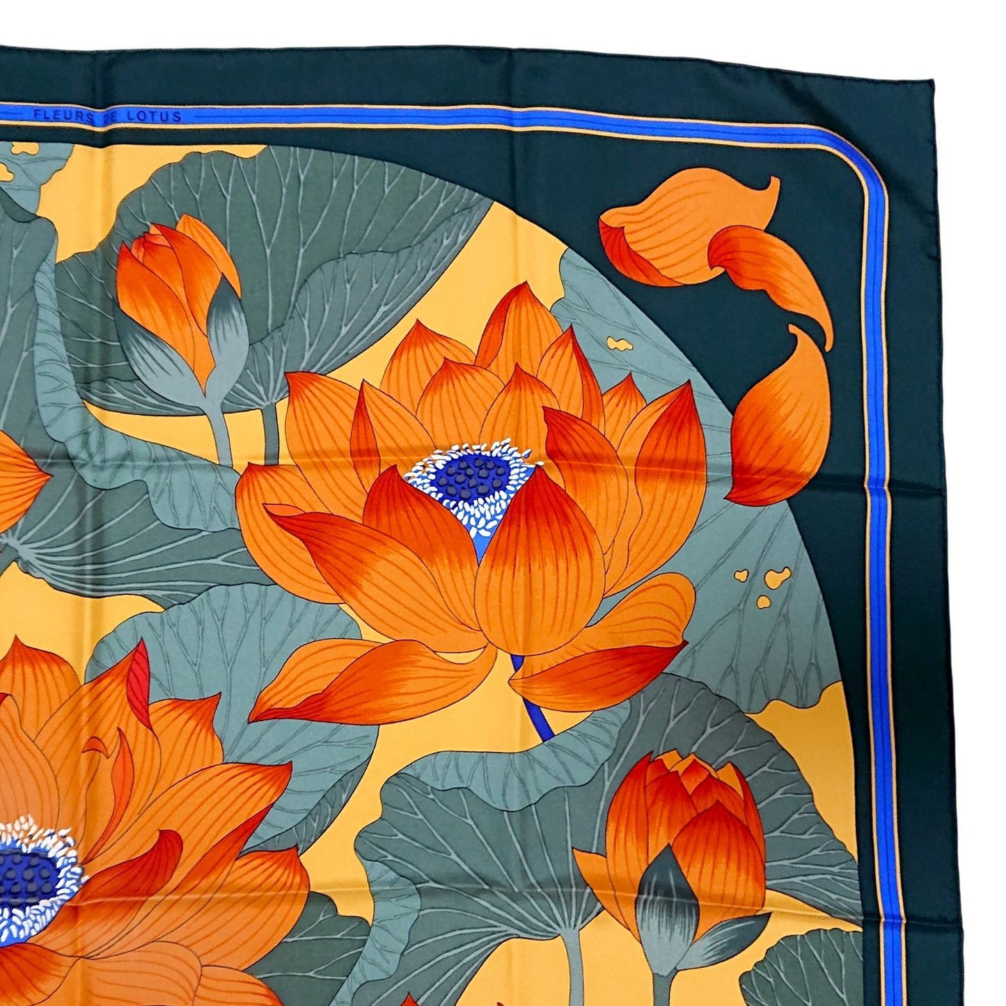 Hermes Carre 90 Fleurs de Lotus Flower Silk Scarf Orange Green — view 5