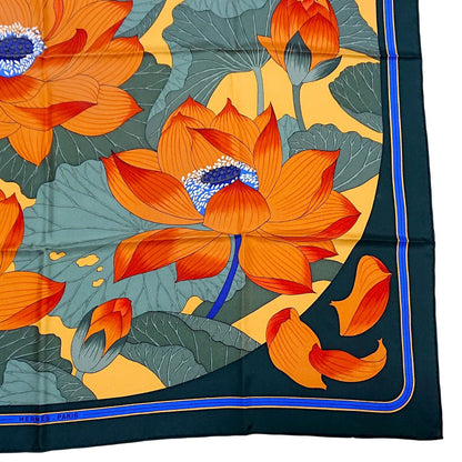 Hermes Carre 90 Fleurs de Lotus Flower Silk Scarf Orange Green — view 4