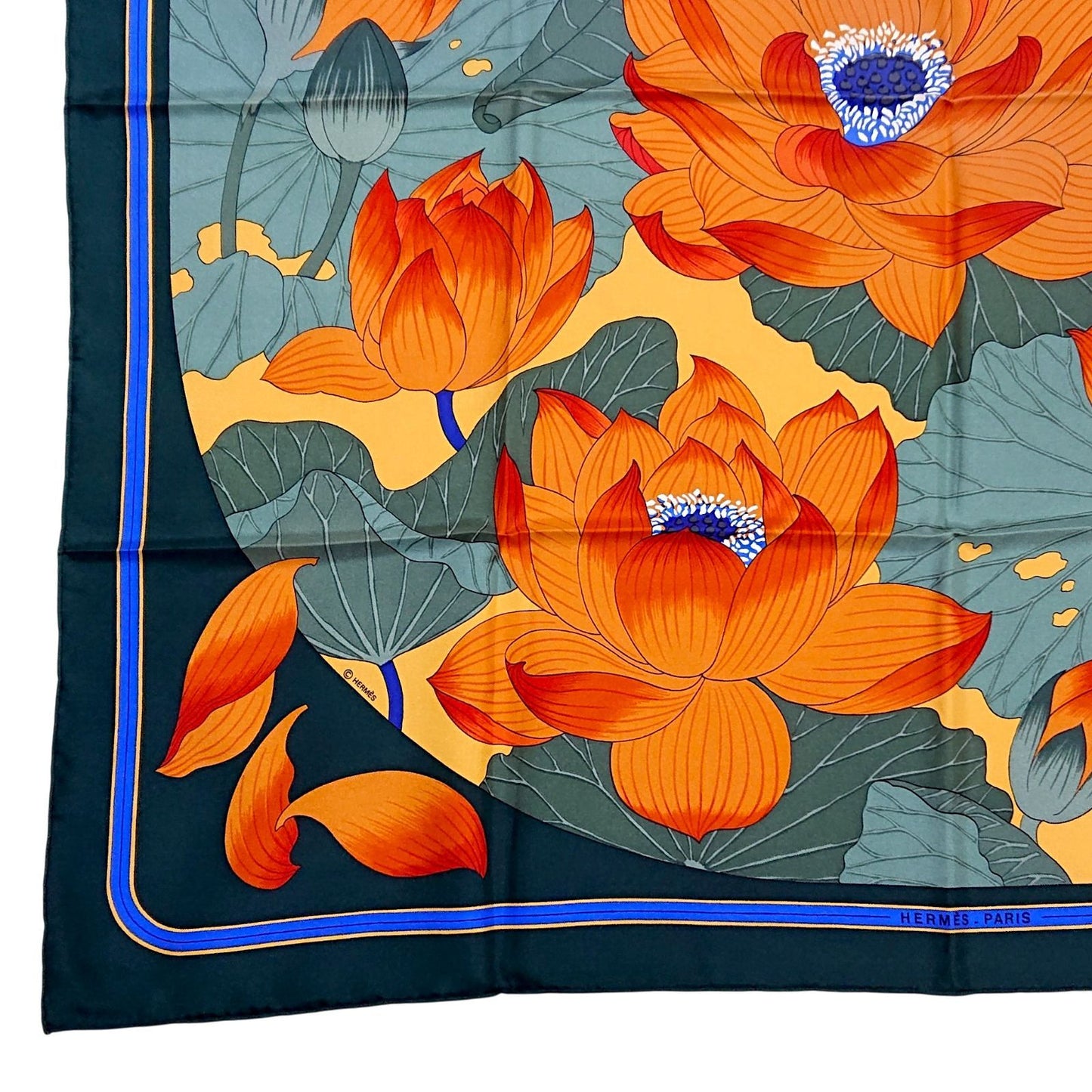 Hermes Carre 90 Fleurs de Lotus Flower Silk Scarf Orange Green — view 3