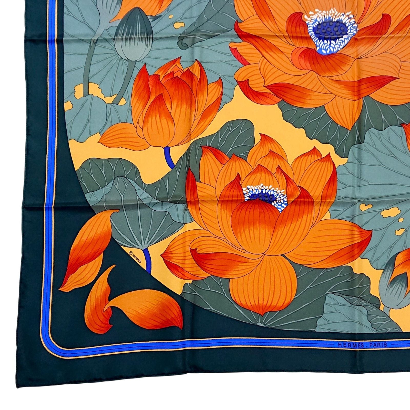 Hermes Carre 90 Fleurs de Lotus Flower Silk Scarf Orange Green — view 3