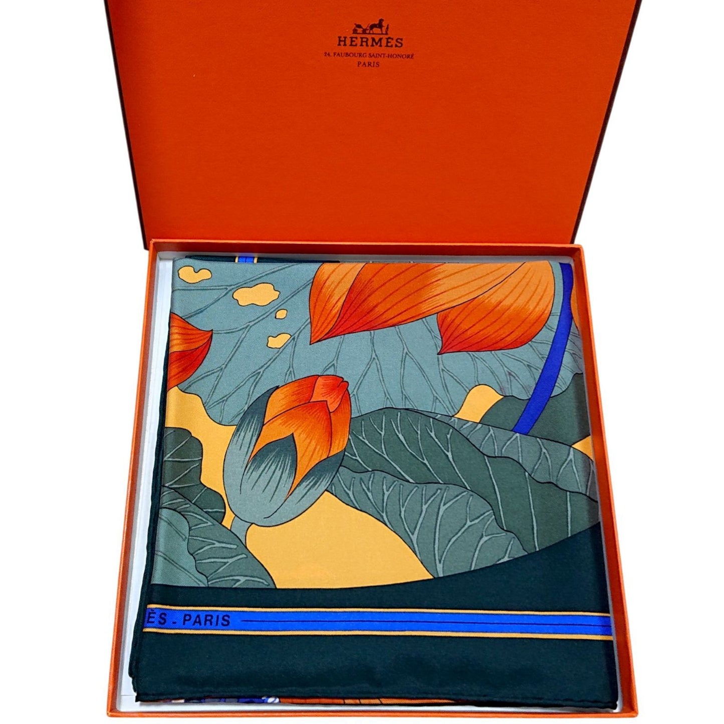 Hermes Carre 90 Fleurs de Lotus Flower Silk Scarf Orange Green