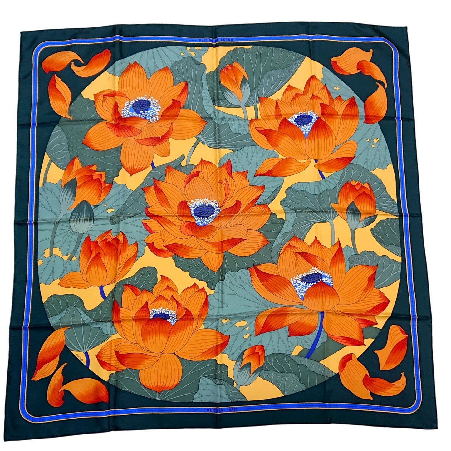 Hermes Carre 90 Fleurs de Lotus Flower Silk Scarf Orange Green — view 2