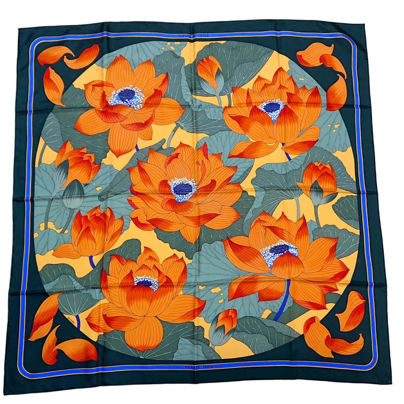 Hermes Carre 90 Fleurs de Lotus Flower Silk Scarf Orange Green — view 2