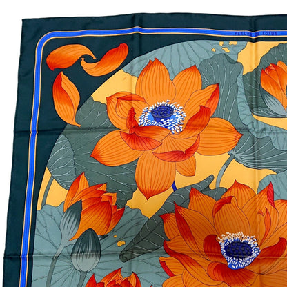 Hermes Carre 90 Fleurs de Lotus Flower Silk Scarf Orange Green — view 6