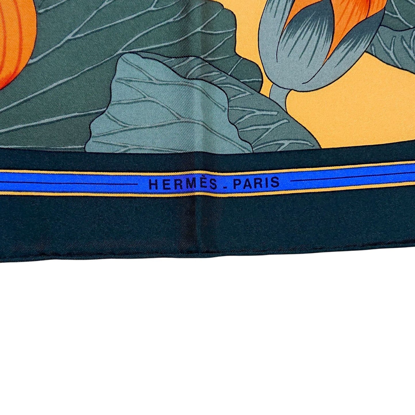 Hermes Carre 90 Fleurs de Lotus Flower Silk Scarf Orange Green — view 7