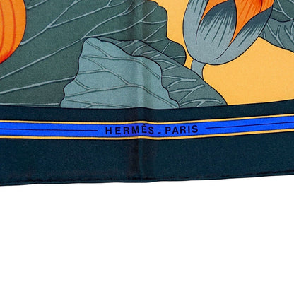 Hermes Carre 90 Fleurs de Lotus Flower Silk Scarf Orange Green — view 7
