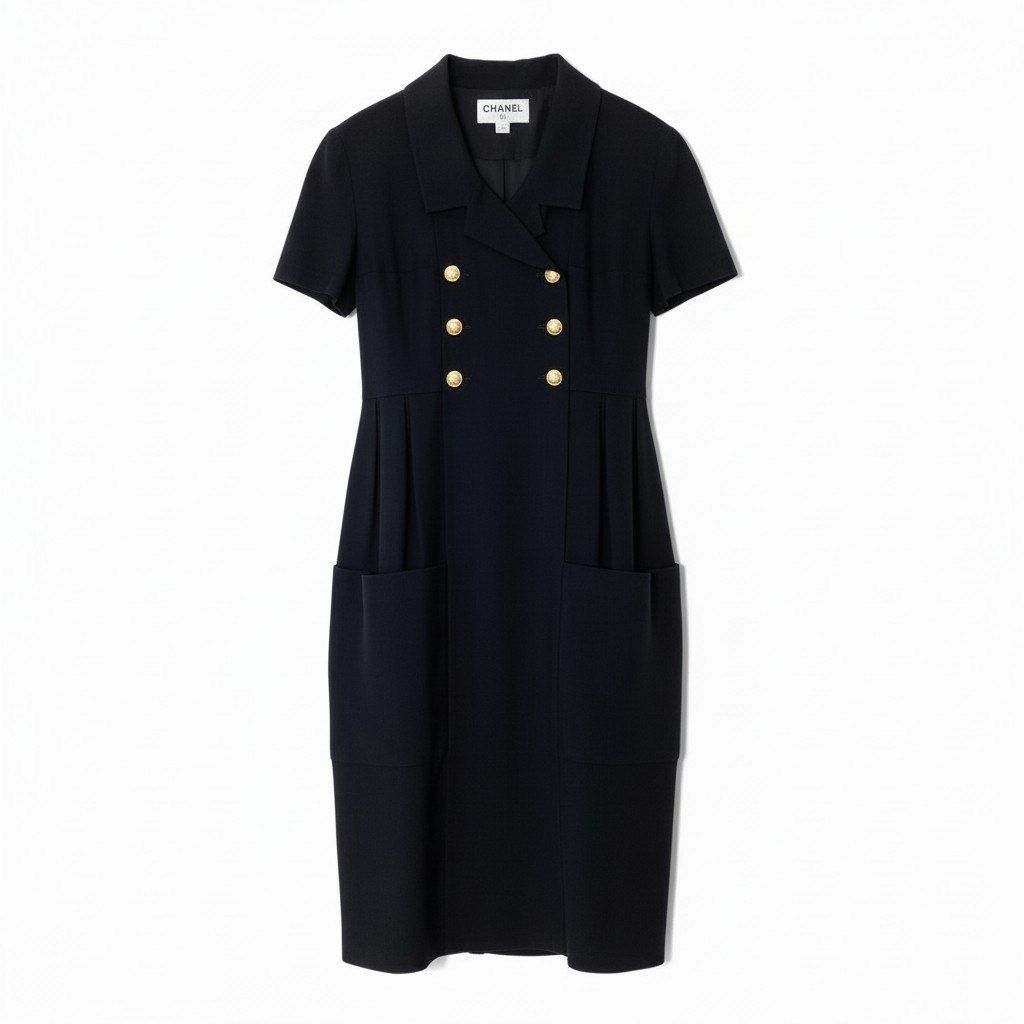Chanel C Vintage Short Sleeve Dress Gold Button CC Logo Black 42