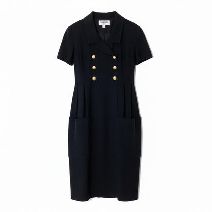 Chanel C Vintage Short Sleeve Dress Gold Button CC Logo Black 42