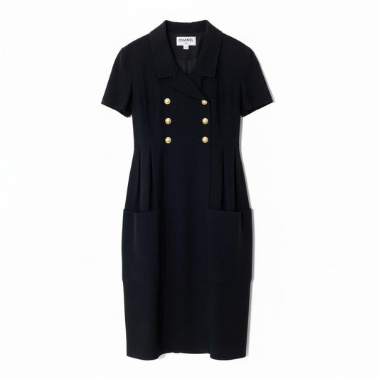 Chanel C Vintage Short Sleeve Dress Gold Button CC Logo Black 42