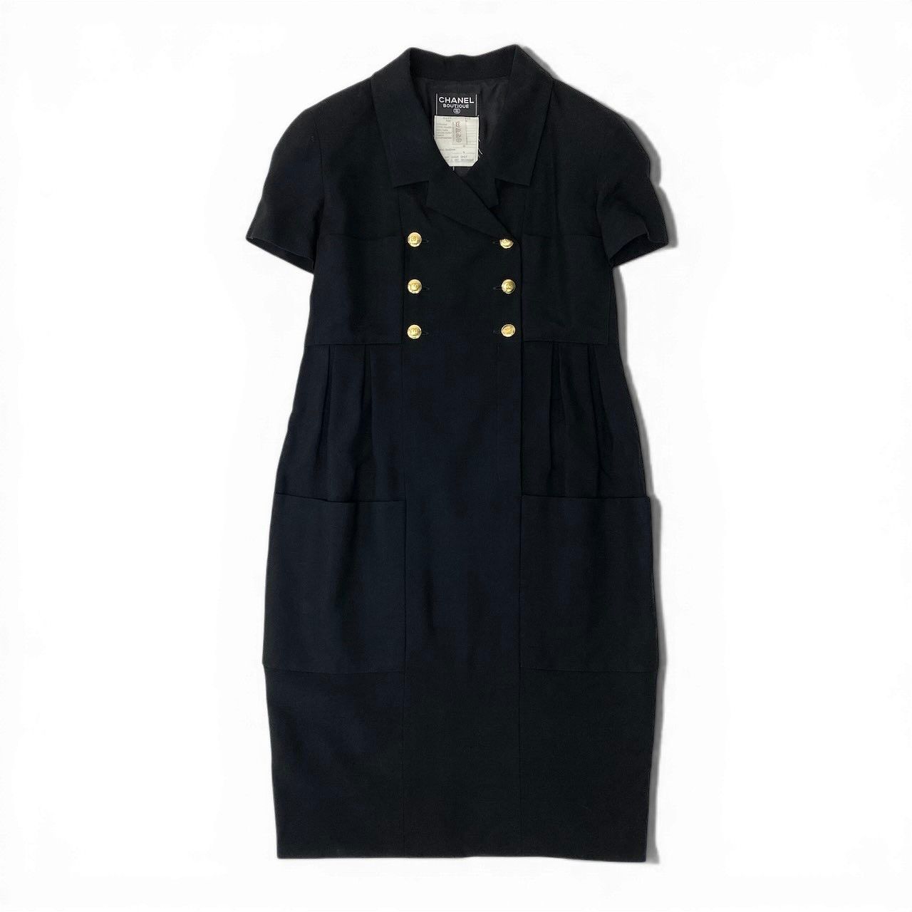 Chanel C Vintage Short Sleeve Dress Gold Button CC Logo Black 42 — view 2