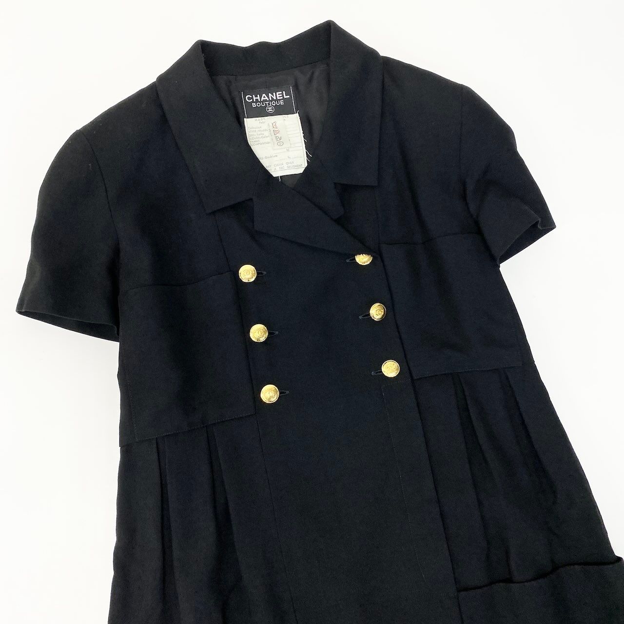 Chanel C Vintage Short Sleeve Dress Gold Button CC Logo Black 42 — view 4