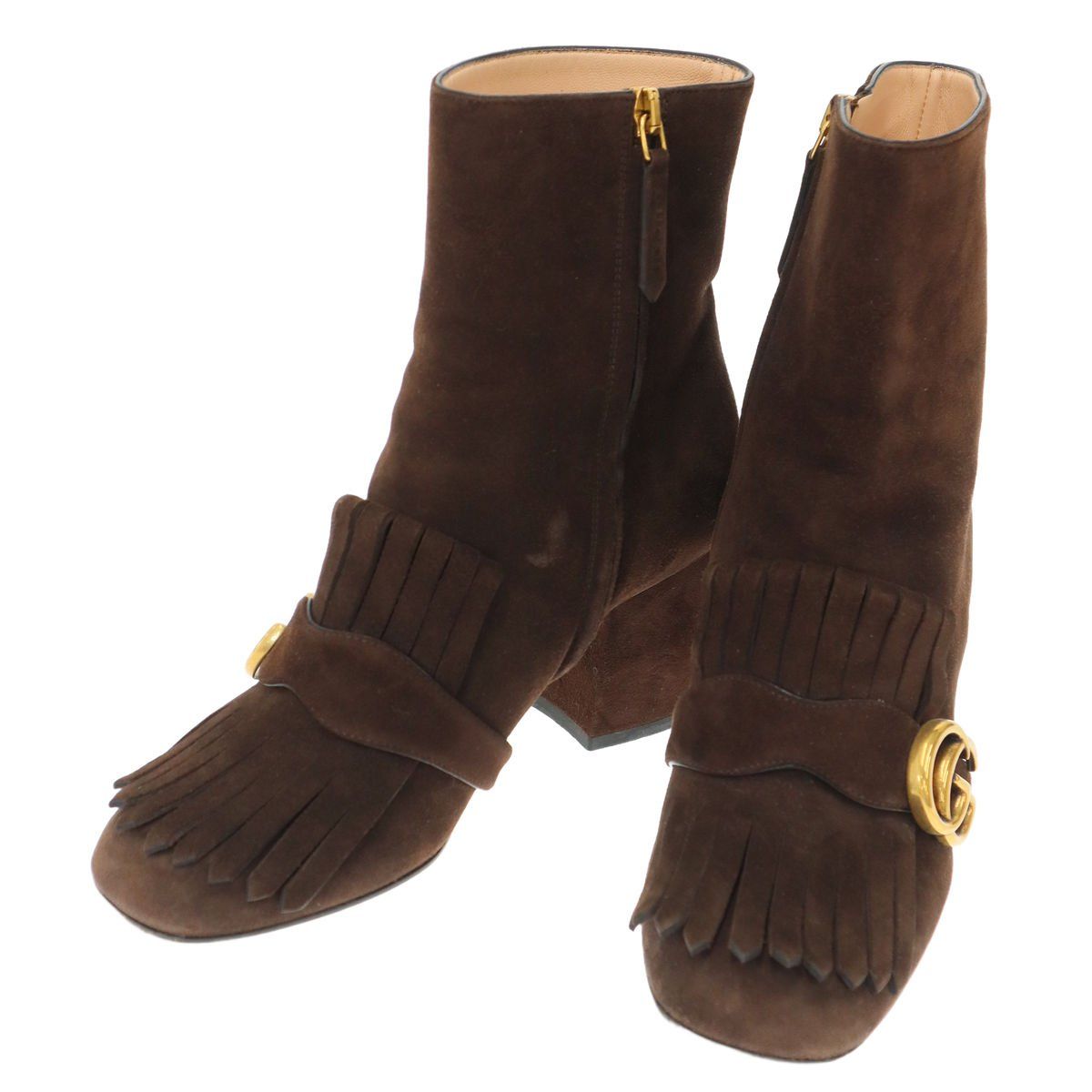 Gucci GG Marmont Fringe Suede Leather Ankle Boots Brown