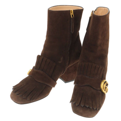 Gucci GG Marmont Fringe Suede Leather Ankle Boots Brown