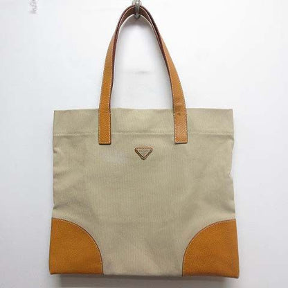 Prada Canvas Leather Tote Bag Beige Yellow Triangle Plate Logo