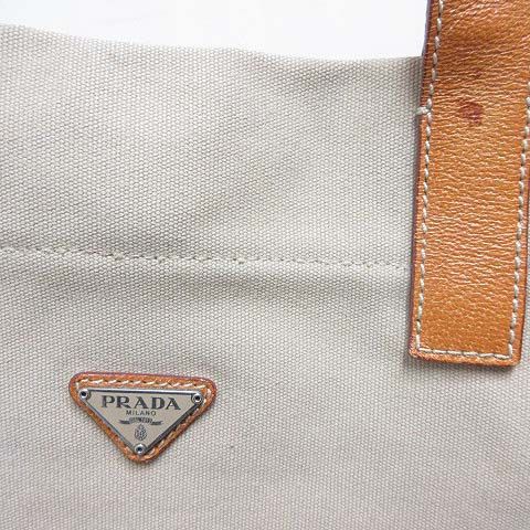 Prada Canvas Leather Tote Bag Beige Yellow Triangle Plate Logo — view 3