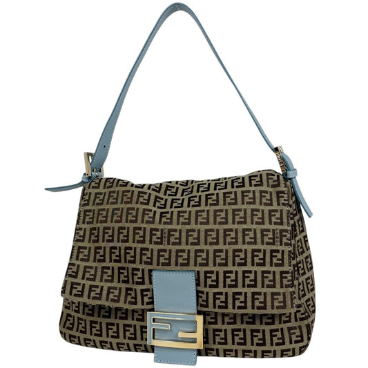 Fendi Shoulder Bag Zucchino Pattern Mamma Baguette Canvas Beige Light Blue
