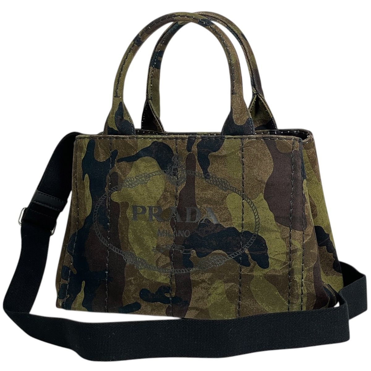 Prada Canapa Tote Bag 2-Way Mini Camouflage Canvas Green Brown