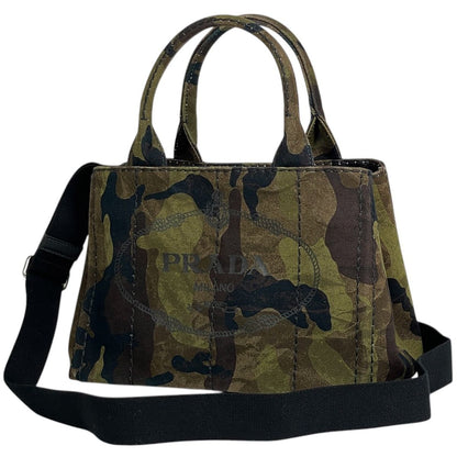 Prada Canapa Tote Bag 2-Way Mini Camouflage Canvas Green Brown