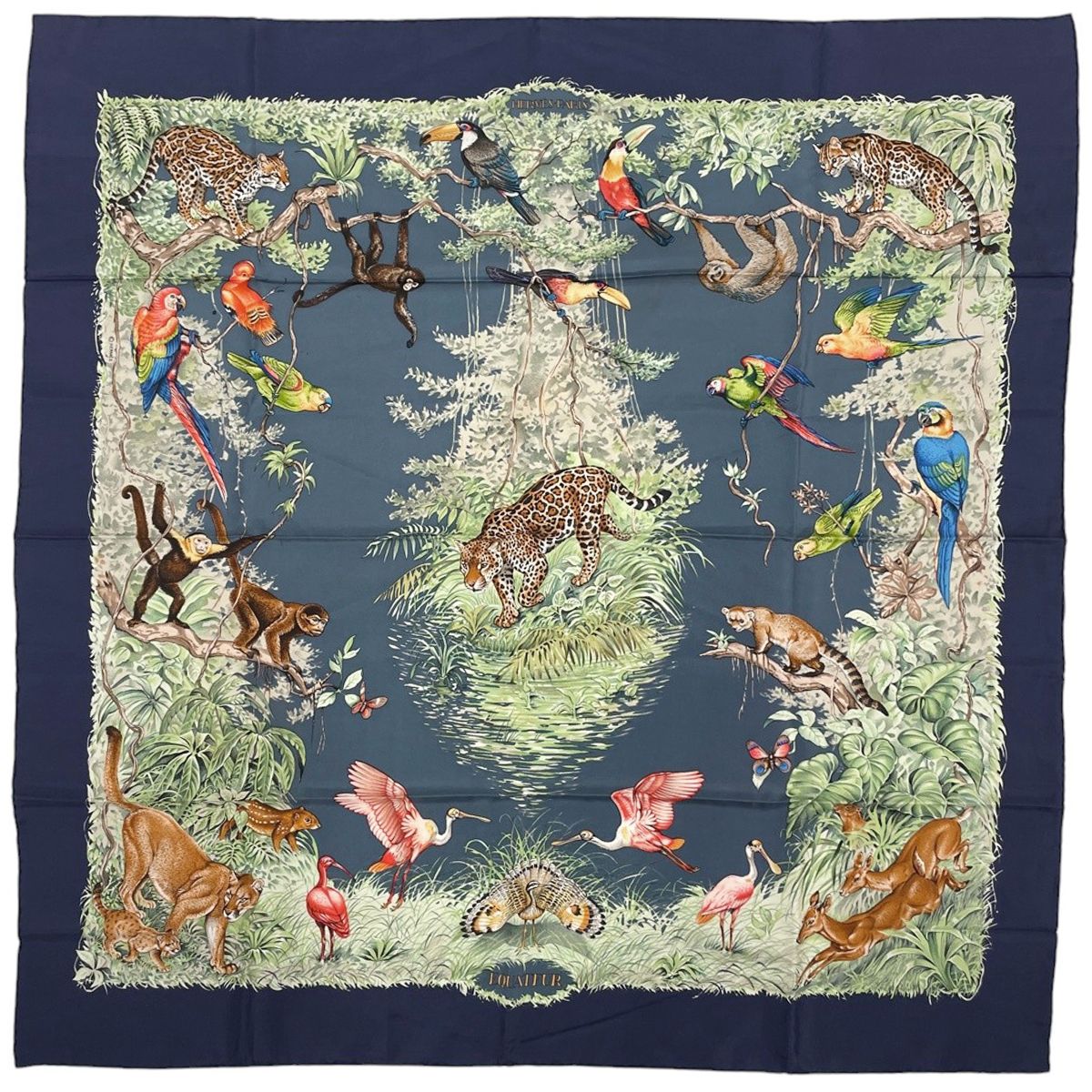 Hermes Carre 90 Equateur Scarf Animal Print Silk Navy Multicolor