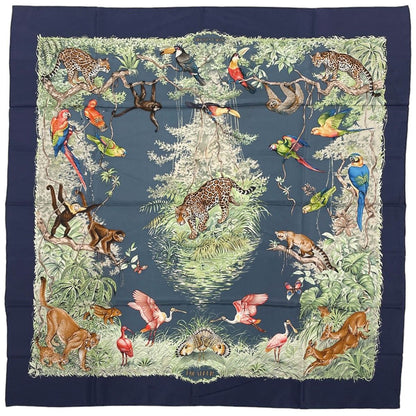 Hermes Carre 90 Equateur Scarf Animal Print Silk Navy Multicolor