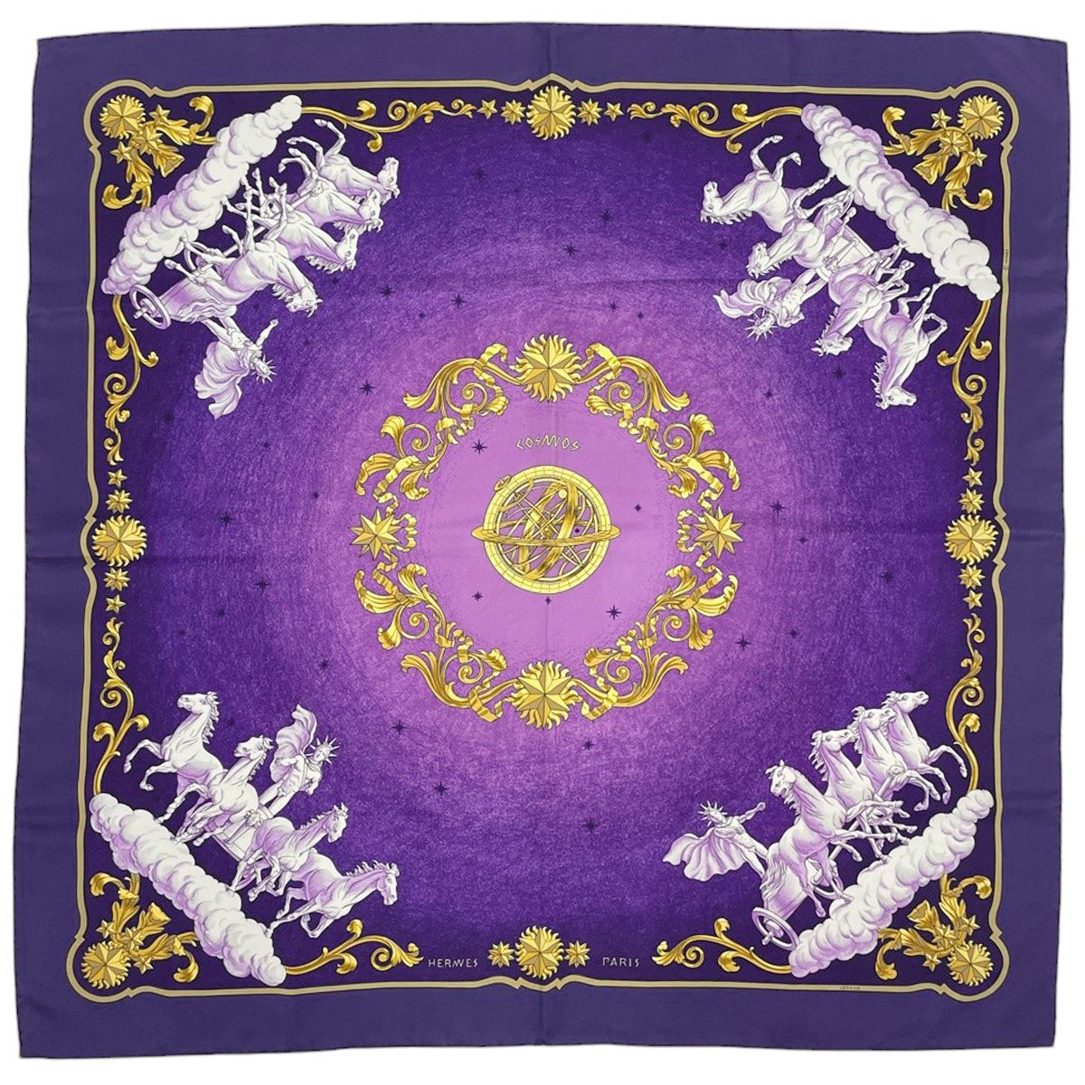 Hermes Carre 90 Cosmos Scarf Space View Horse Silk Purple Multicolor