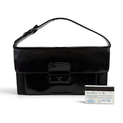 Prada Tessuto Nylon Mirror Calf Leather Hand Bag Handbag Black