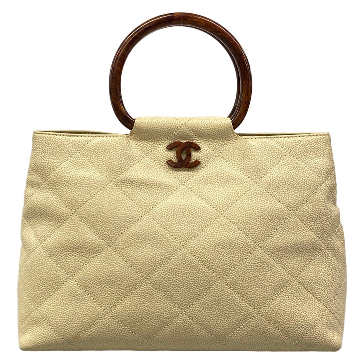 Chanel Handbag Quilted Beige Wood Handle