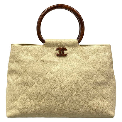 Chanel Handbag Quilted Beige Wood Handle