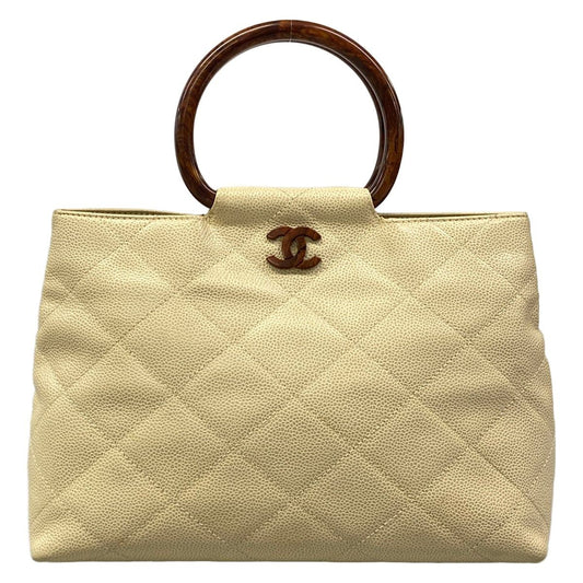 Chanel Handbag Quilted Beige Wood Handle