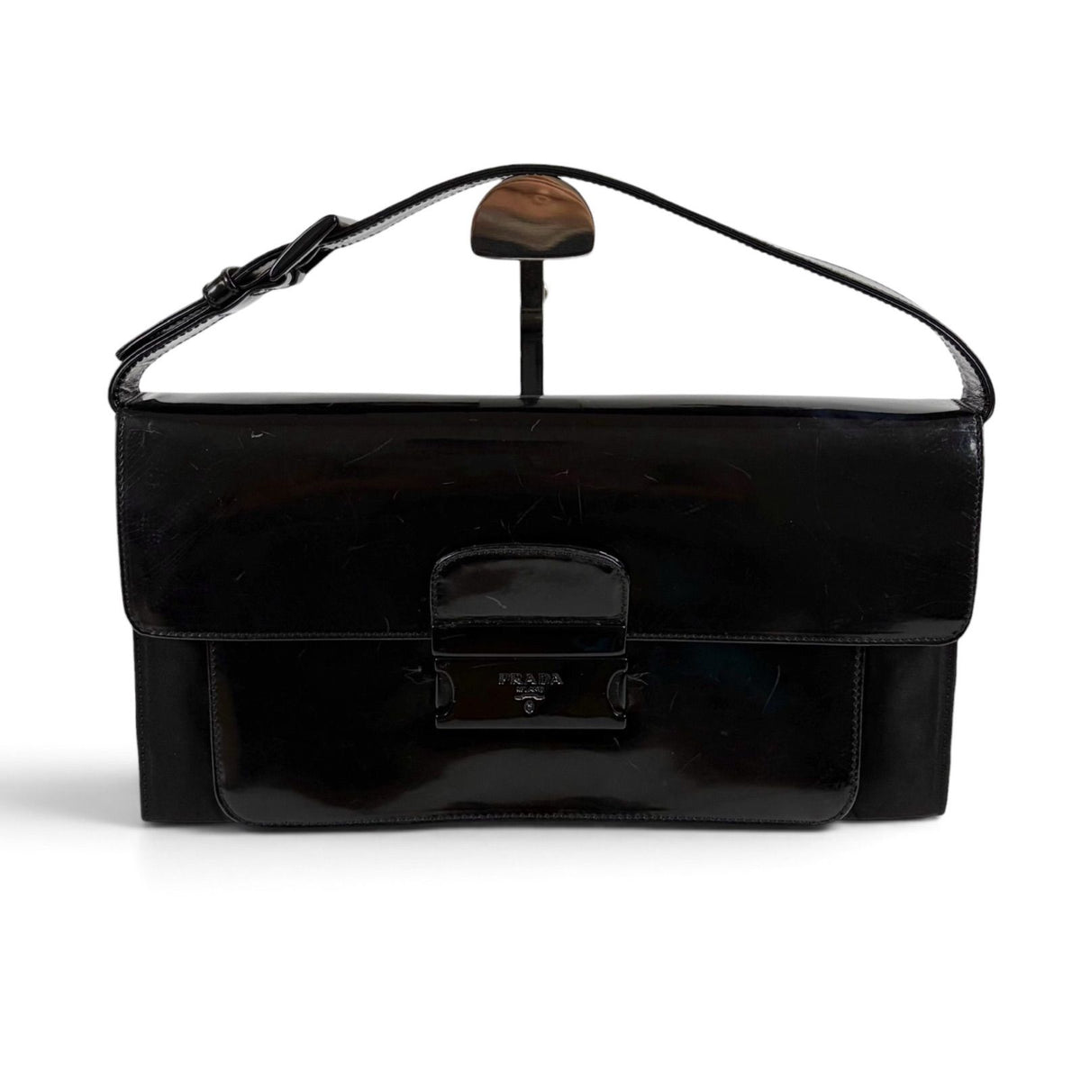 Prada Tessuto Nylon Mirror Calf Leather Hand Bag Handbag Black — view 2