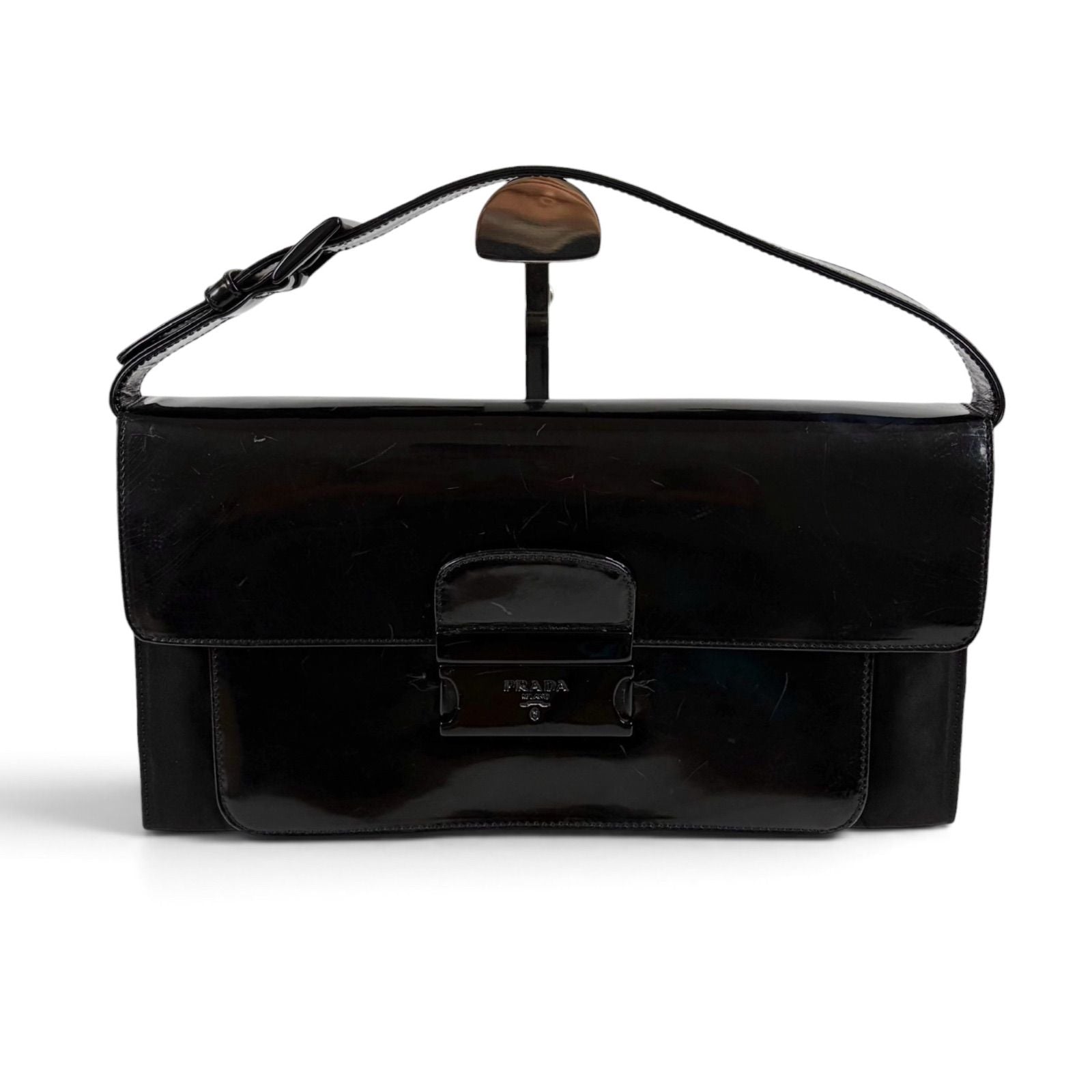 Prada Tessuto Nylon Mirror Calf Leather Hand Bag Handbag Black — view 2