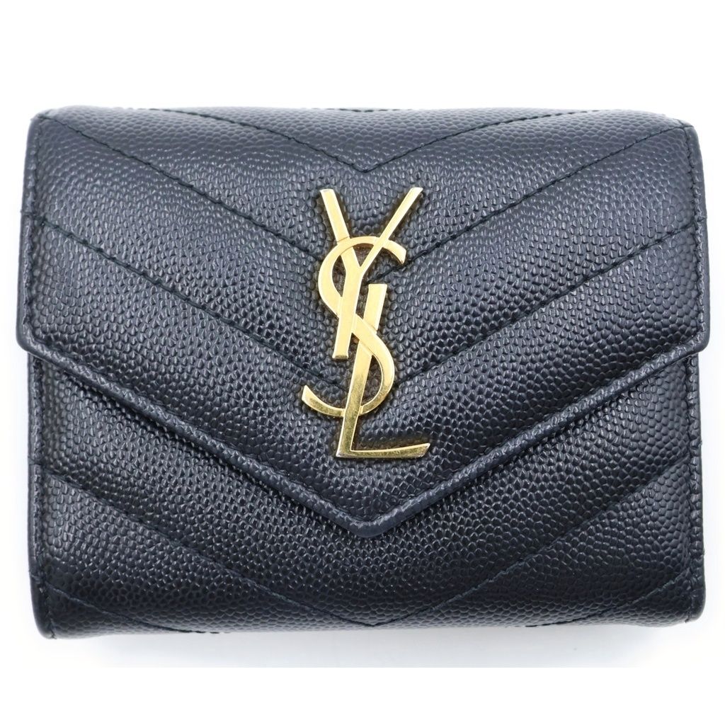 Saint Laurent Monogram Multi Fold Wallet Compact Trifold Leather Gold Black