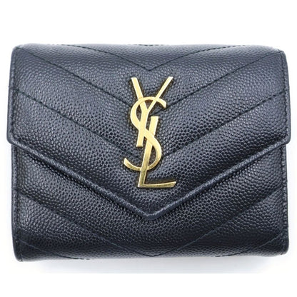 Saint Laurent Monogram Multi Fold Wallet Compact Trifold Leather Gold Black