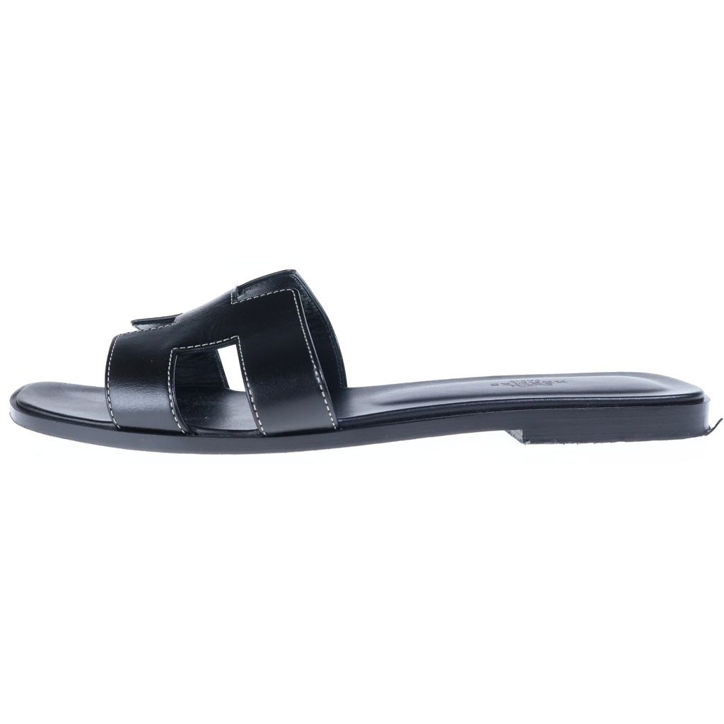 Hermes Oran Leather Sandals Shoes Box Calf Black — view 2